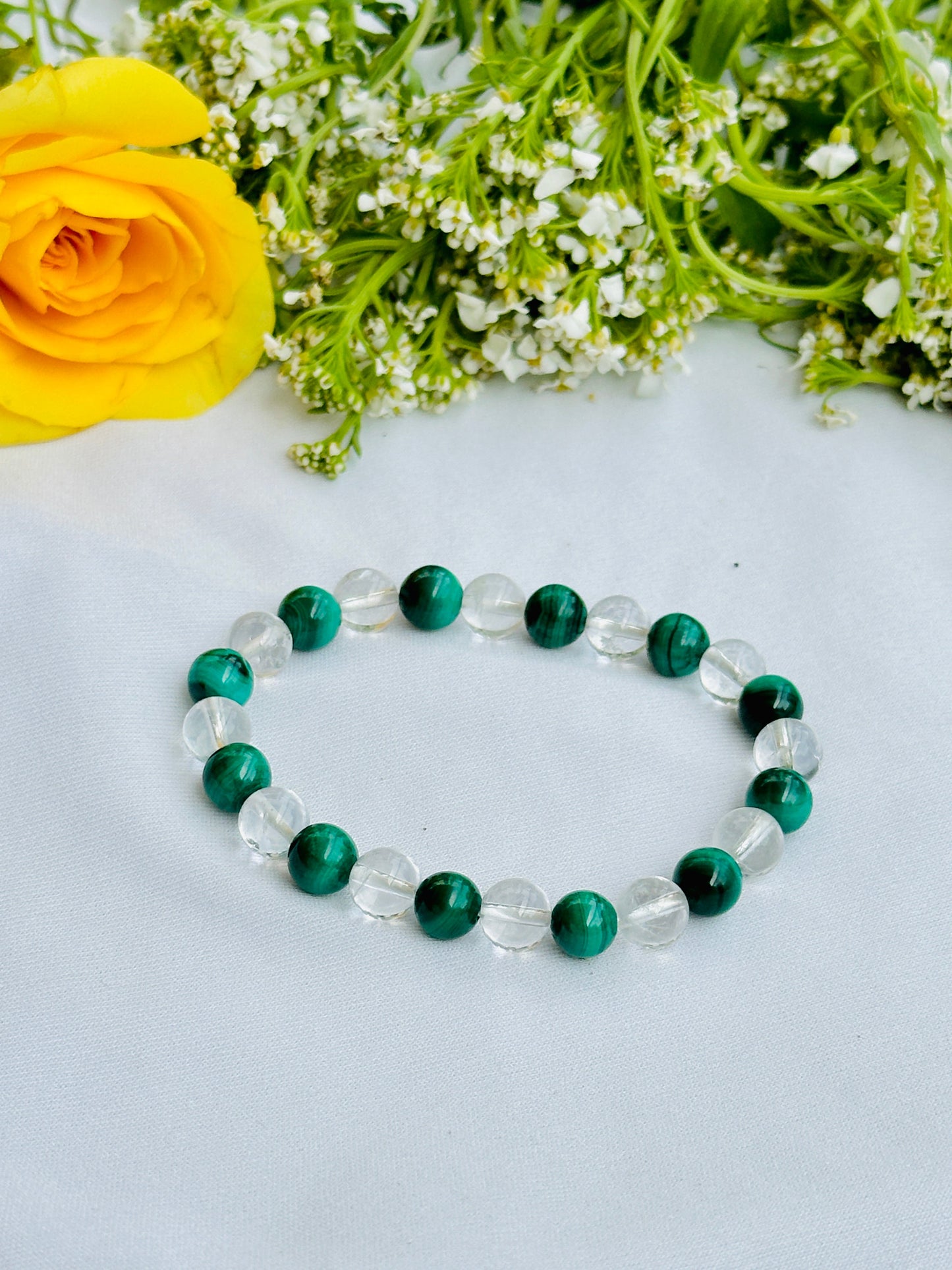 Stabilizes Mood Swings and treats menstruation disorders: Malachite & Clear Quartz Bracelet - Abhimantrit & Certified