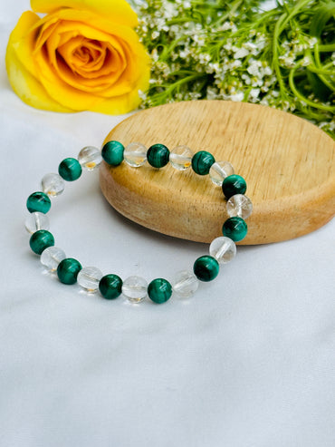 Stabilizes Mood Swings and treats menstruation disorders: Malachite & Clear Quartz Bracelet - Abhimantrit & Certified