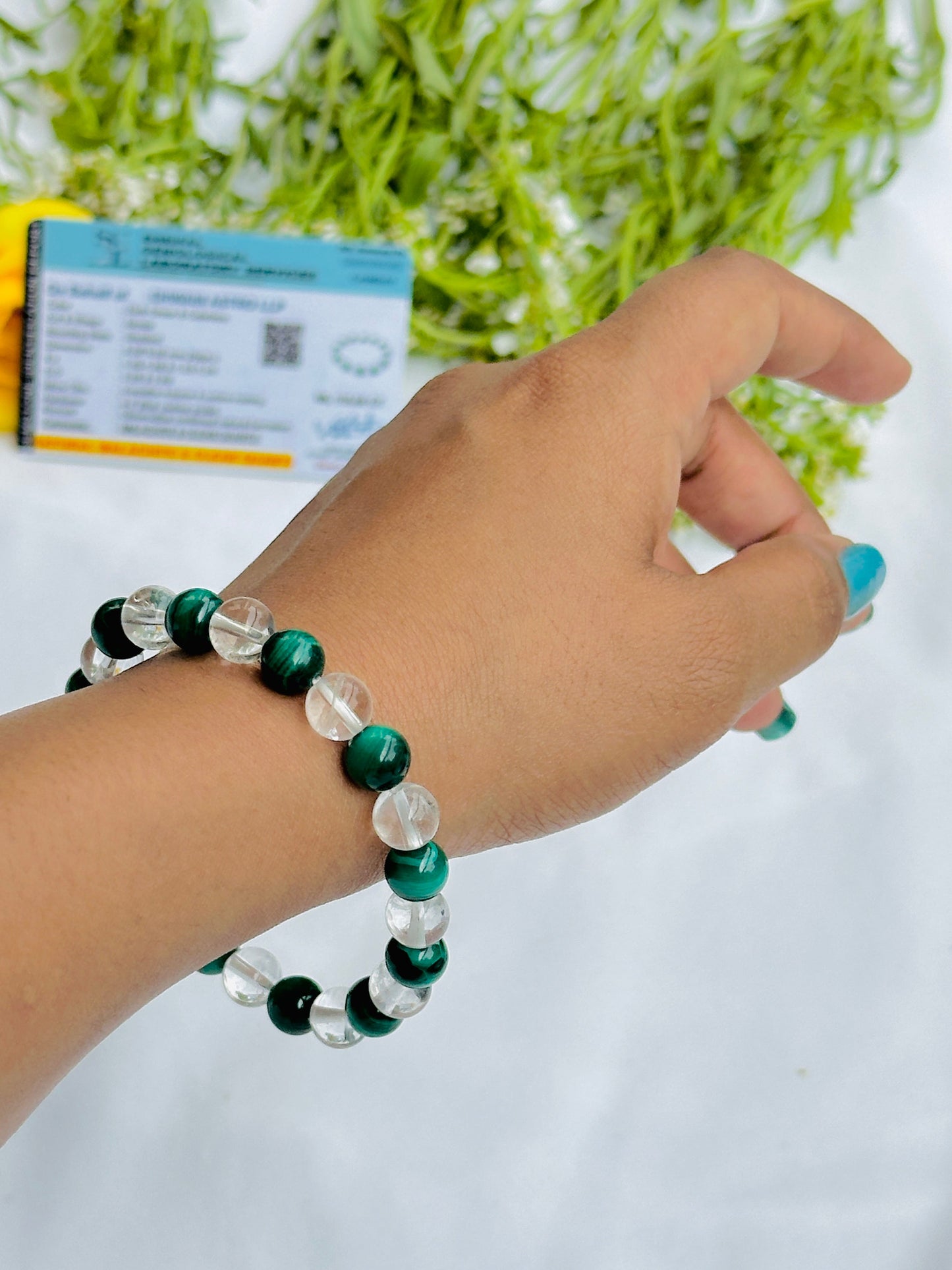 Stabilizes Mood Swings and treats menstruation disorders: Malachite & Clear Quartz Bracelet - Abhimantrit & Certified