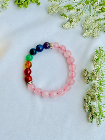 Happy Love Life: Seven Chakra with Rose Quartz Bracelet - Abhimantrit & Certified