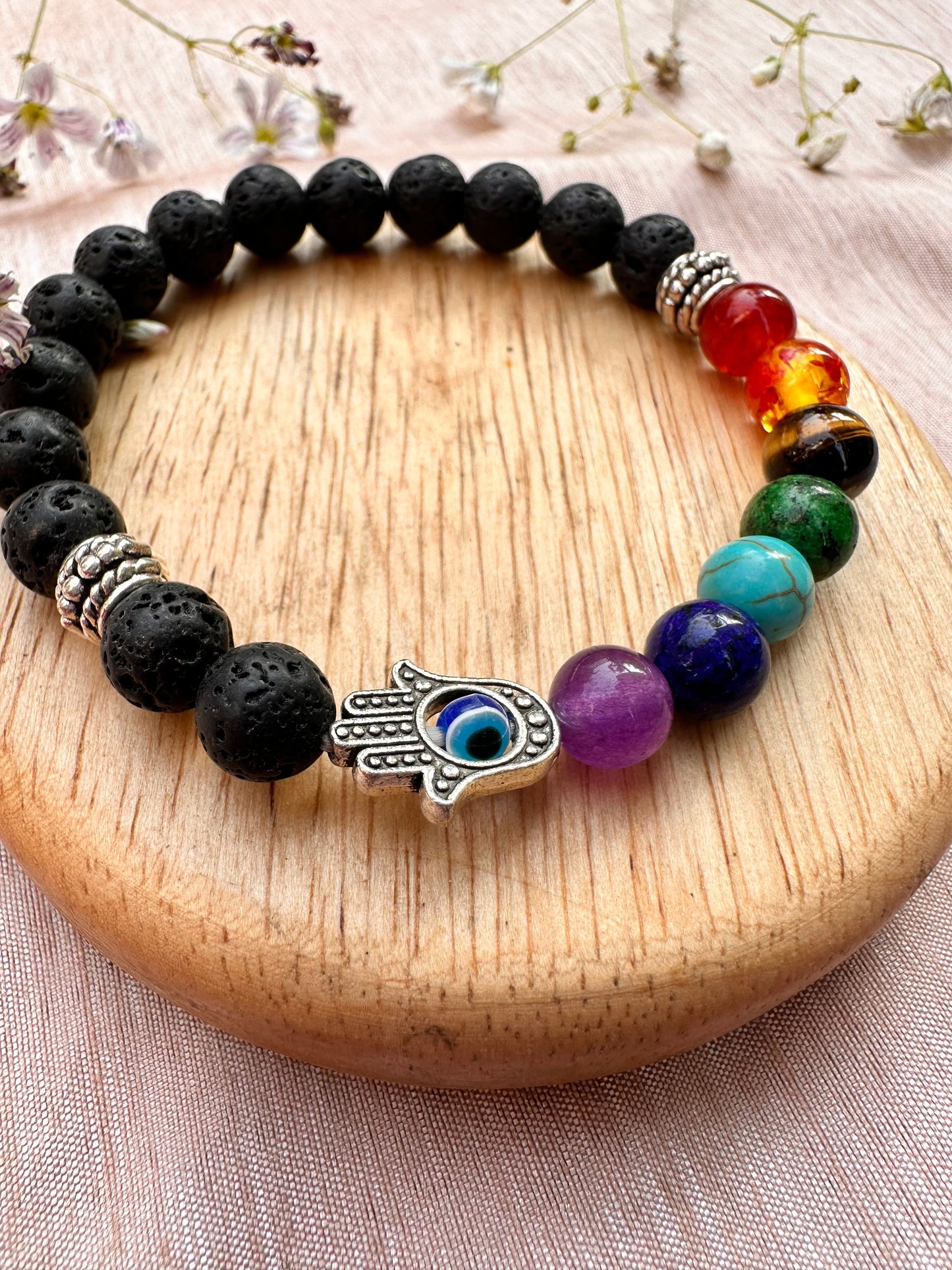 Evil Eye Protect: Seven Chakra with Lava Stone Bracelet - Abhimantrit & Certified