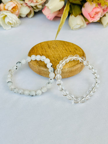 Cool Like Moon: Moonstone & Clear Quartz Bracelet - Abhimantrit & Certified