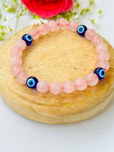 Love and Relationship Protect: Rose Quartz with Evil Eye Bracelet - Abhimantrit & Certified